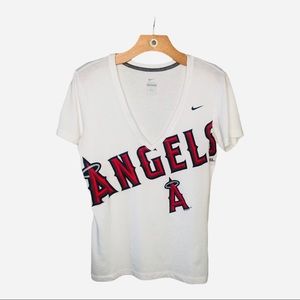 Nike Woman’s Angels Baseball Tee V-neck Short Sleeve T-shirt White Large